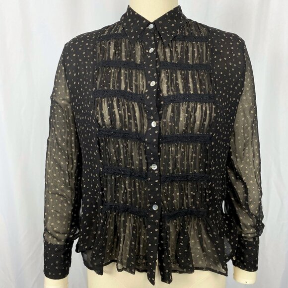 Vintage Y2K Edward elaborate sheer silk dandy ruffle black collar blouse large - Picture 3 of 5